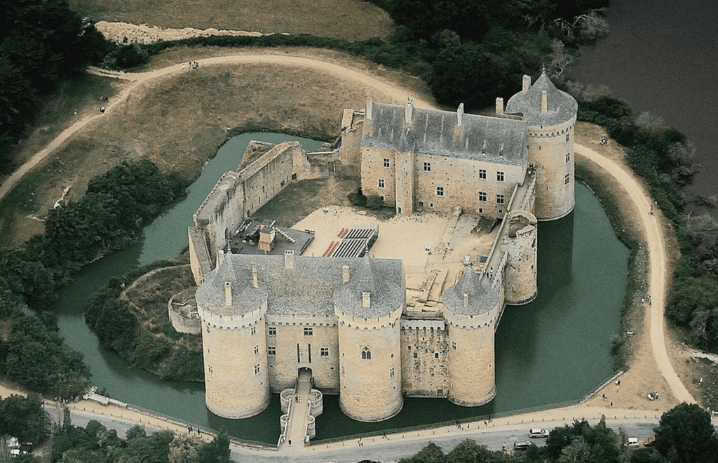 Picture of a castle with a tall walls, moat and internal buildings depicting one aspect of zero trust