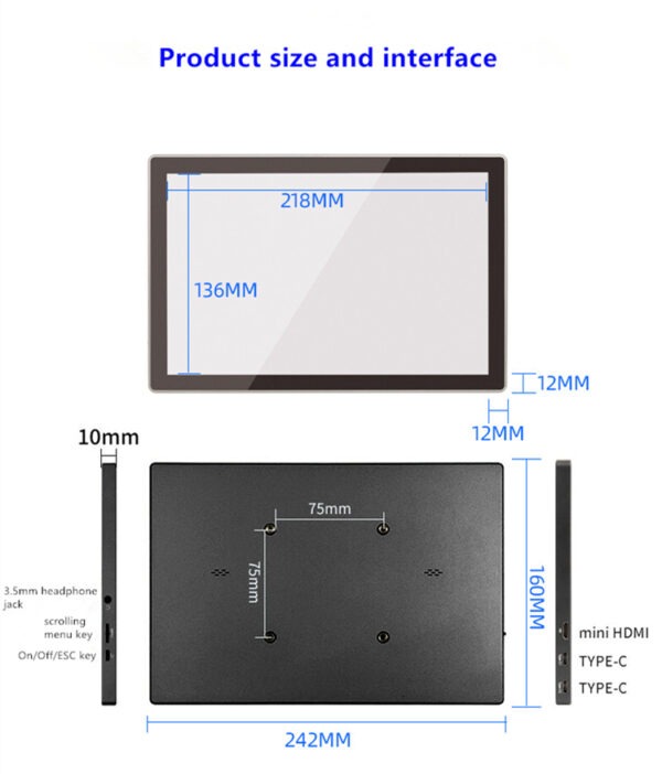 10,1 tommu IPS-snertiskjár með HDMI- og USB-C-tengjum - Image 16